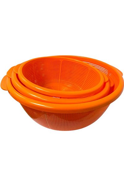 Yolo Multi Purpose Plastic Stainer Colander Set of 3 Pieces, Washing Net -48cm,42cm and 37cm -Orange