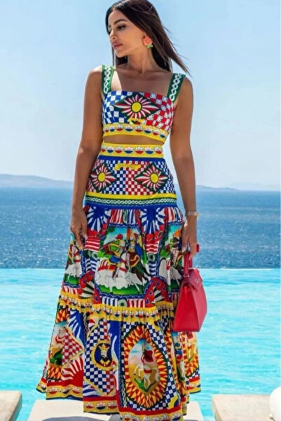 Stil Sepeti Set de fuste maxi cu talie înaltă, cu model, cu gât pătrat, cu br...