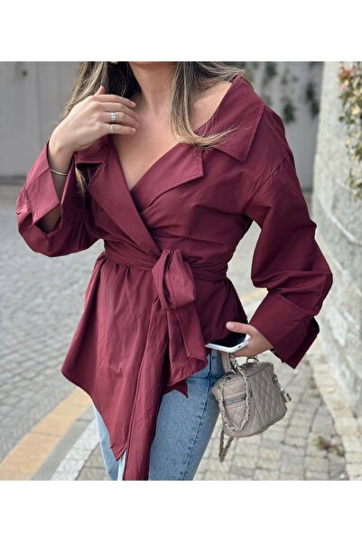 neslihansarıca gömlek , belden bağlamalı ayarlanabilir bordo gömlek