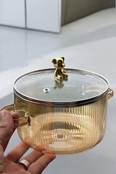 Qerhome Borosilikat Cam Amber Gold Detaylı Ayıcıklı Tencere 1700 Ml