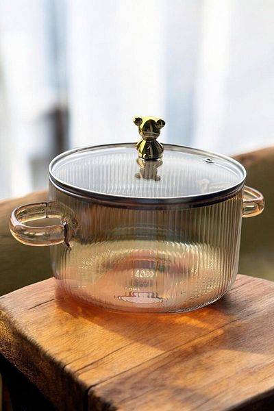 morponi Borosilicate Glass Amber Gold Detailed Teddy Bear Pot 1700 Ml