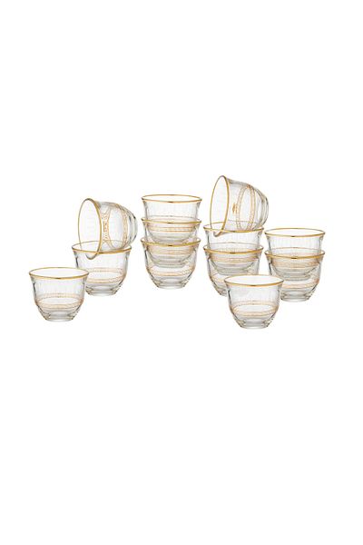Dania Saudi coffee cup set, made of clear glass with golden engraving, 12 pieces
