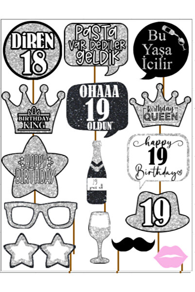Hiras Dizayn 19 Years Old Women Men 15Piece Silver Sparkle Slogans Birthday Party Speech Bubble Selfie Sticks
