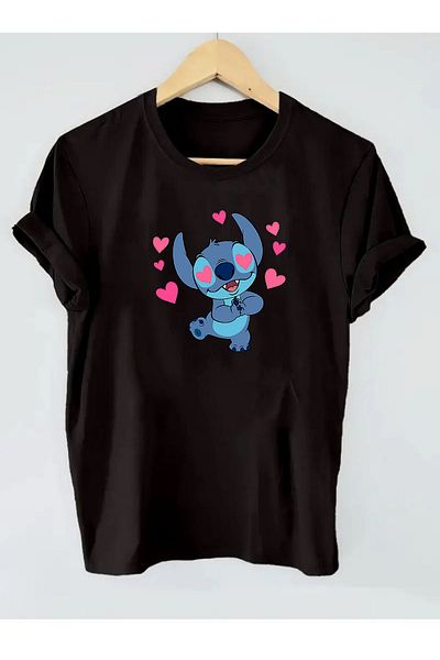makiteks Μπλουζάκι Oversize Printed Lilo Stitch - Γυναικείο Unisex - Μαύρο Λευκό Γκρι
