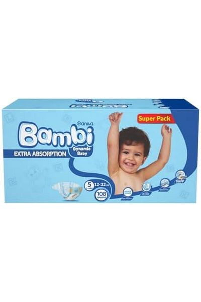Sanita Bambi Baby Diapers Super Pack, Size 5, X-Large, 12-22 Kg, 108 Count