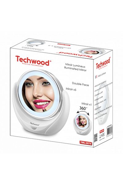Techwood TML-2674 illuminated cosmetic mirror, double side 5x and 1x