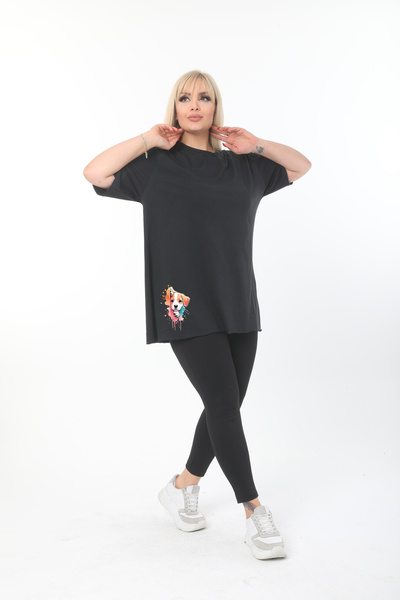 ÇİFTXL Large Size Knitted Viscose Black Printed Salas T-shirt