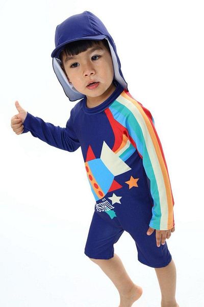Lolliboomkids Boy's Sun Protection Trench Hat Space Themed Patterned Swimsuit Set