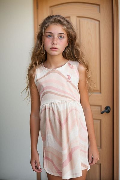 U.S. Polo Assn. Girl's Patterned Cream 100% Cotton Dress