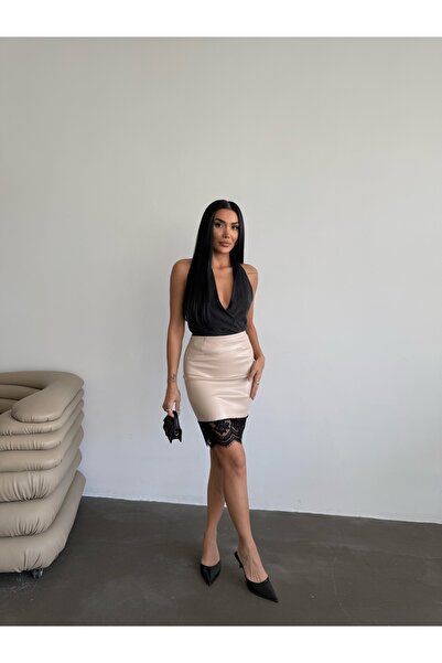 NEW STATION New Statıon dantel detay deri etek