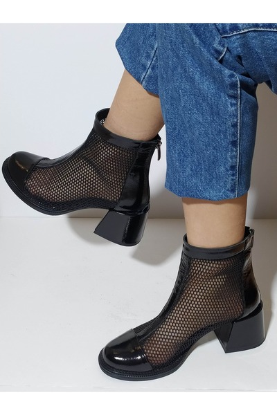 ERS Air Comfort Kadın Fileli Hakiki Siyah Rugan Deri Topuklu Yazlık Bot K.268...
