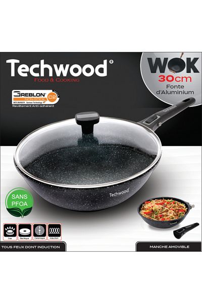 Techwood Wok Techwood TP-30WO, 30cm, removable handle, glass lid, all heat sources, including induction