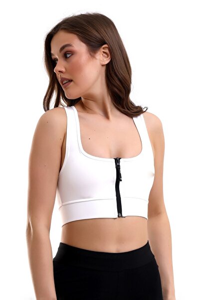 EMFURE Beyaz Crop Pedli Destekli Dolgulu Önü Fermuarlı Spor Sütyeni
