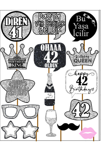 Hiras Dizayn 42 Years Old Women Men 15Pieces Silver Sparkle Slogans Birthday Party Speech Balloon Selfie Sticks