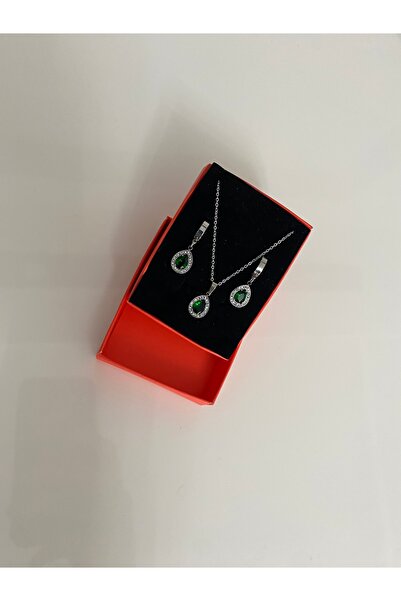 stainless steell Yeşil Taşlı Çelik Kolye Küpe Set Gümüş