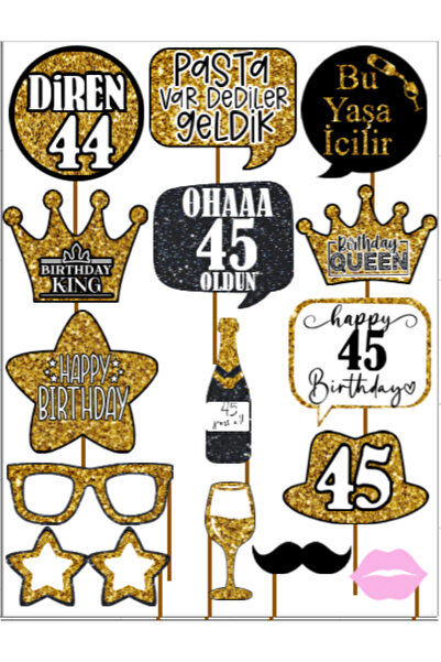 Hiras Dizayn 45 Years Old Women Men 15Pieces Gold Sparkle Slogans Birthday Party Speech Balloon Selfie Sticks