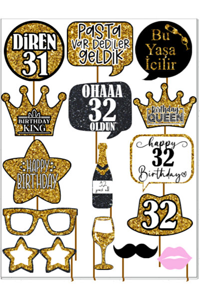 Hiras Dizayn 32 Year Old Women Men 15Pieces Gold Sparkle Slogans Birthday Party Speech Balloon Selfie Sticks