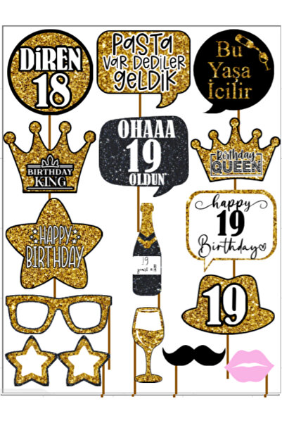 Hiras Dizayn 19 Year Old Women Men 15Pieces Gold Sparkle Slogans Birthday Party Speech Balloon Selfie Sticks