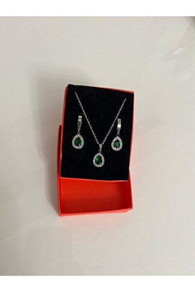 stainless steell Yeşil Taşlı Çelik Kolye Küpe Set Gümüş