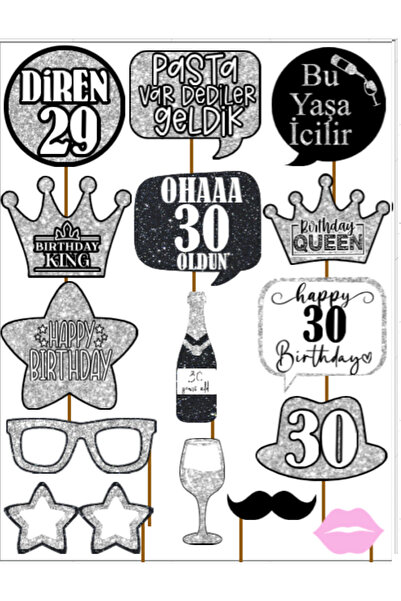 Hiras Dizayn 30 Year Old Women Men 15Pieces Silver Sparkle Slogans Birthday Party Speech Balloon Selfie Sticks