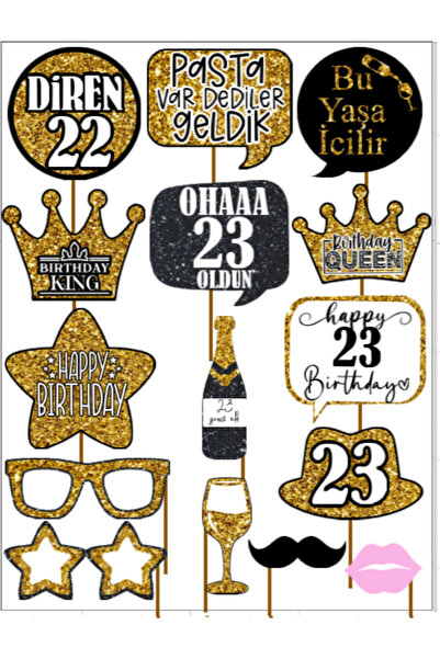 Hiras Dizayn 23 Years Old Women Men 15Pieces Gold Sparkle Slogans Birthday Party Speech Balloon Selfie Sticks