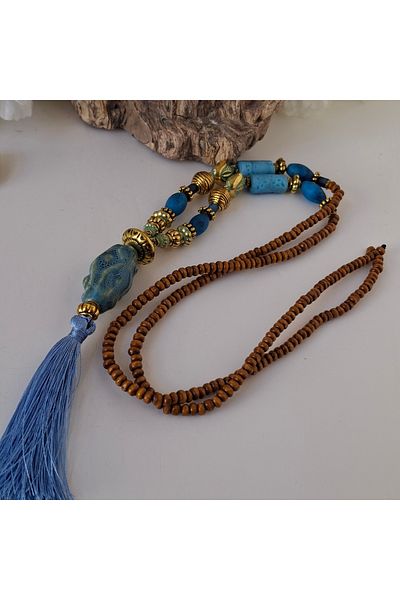 azra takı tasarım Handmade authentic,blue bohemian ceramic,lav stone,indian glass,zamak plated,wooden long women's necklace