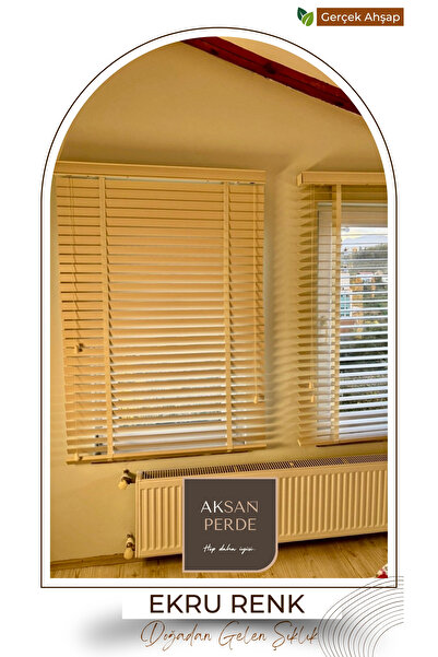 AKSANGRUP %100 Gerçek Ahşap Jaluzi Perde Kurdeleli Ekru Renk 50 mm
