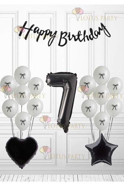 LOTUS PARTY بالونات باللونين الأبيض والأسود - أرقام سوداء - قلب أسود ونجمة سوداء لعيد الميلاد السابع