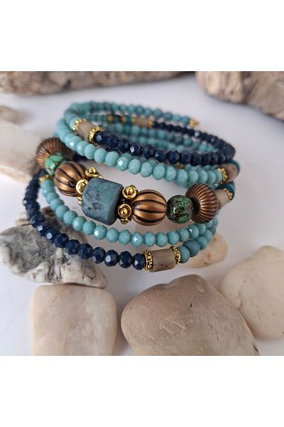 azra takı tasarım Handmade turquoise and blue tones,lavastein,crystal natural stone multiple,inlaid,multiple women's bracelet