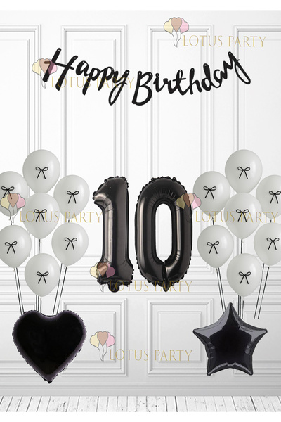 LOTUS PARTY بالونات بيضاء وجيروبالونات بشريط أسود قلب أسود ونجمة سوداء لعيد ميلاد 10 سنوات