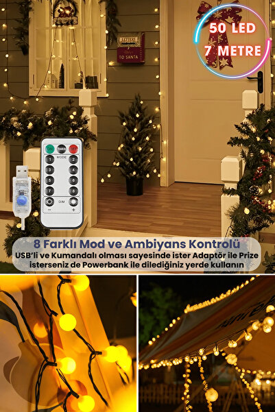 TechnoSmart 50 Ledli Usbli Kumandalı 8 Modlu 8 Metre Toplu Işık Parti Süsleme Organizasyon