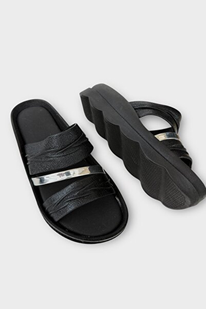 Liger Papuci de damă cu talpă cu pană anatomică, moale, confortabile, NEGRU - ARGINTIU