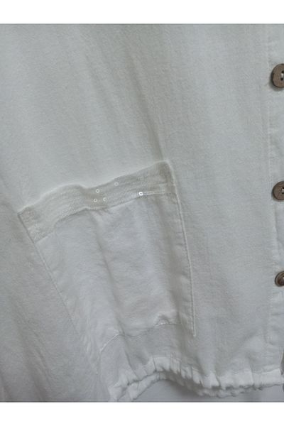 AKŞEN GİYİM Plus Size Organic Washed Cotton Linen Hooded Buttoned Sequin Pocket Jacket