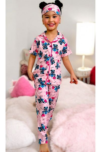 Lolliboomkids Girl's Pattern Pink Color Shirt Collar Buttoned Pajama Set Including Eye Patch Short Sleeves