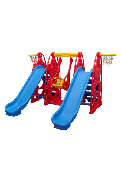 MUPARK Salıncaklı Çift Kaydırak Oyun Parkı - 2 Kaydırak 1 Salıncak - Anaokulu Kreş Bahçe Seti (Kırmızı)