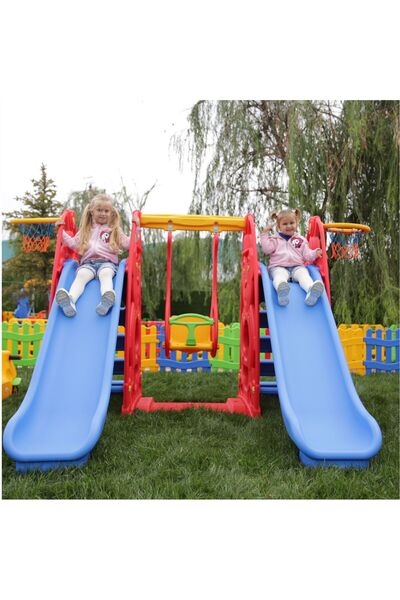 MUPARK Salıncaklı Çift Kaydırak Oyun Parkı - 2 Kaydırak 1 Salıncak - Anaokulu Kreş Bahçe Seti (Kırmızı)