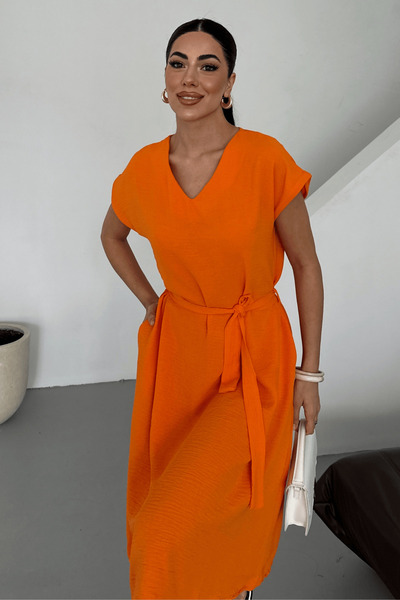 Paw Garage Γυναικείο φόρεμα Harber Orange με λαιμόκοψη σε σχήμα V με ζώνη από ύφασμα Ayrobin, Νέα σεζόν Καλοκαίρι