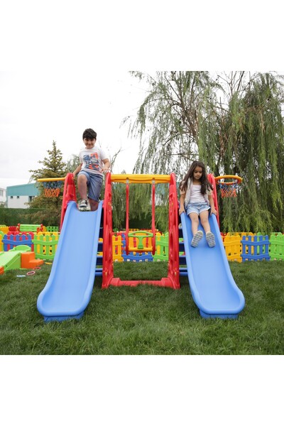 MUPARK Salıncaklı Çift Kaydırak Oyun Parkı - 2 Kaydırak 1 Salıncak - Anaokulu Kreş Bahçe Seti (Kırmızı)