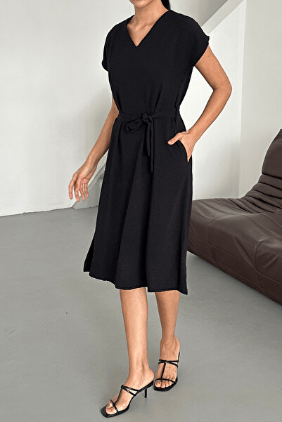 Paw Garage Women's Harber Black V-Neck Belted Dress Ayrobin Fabric, New Season Summer