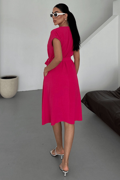 Paw Garage Women's Harber Fuchsia V-Neck Belted Dress Ayrobin Fabric, New Season Summer