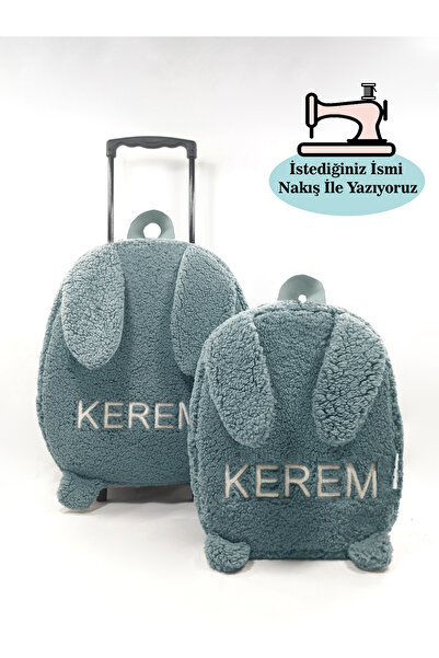 migie Kişiye Özel İsimli Çekçekli Çanta ve Sırt Çantası Anaokulu/Kreş Seti (2'li Set) İndigo Tavşan 2-6Yaş