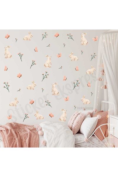 Sticker Ekspres Rabbit Butterfly and Branches with Buds Children's Room Wall Sticker Set
