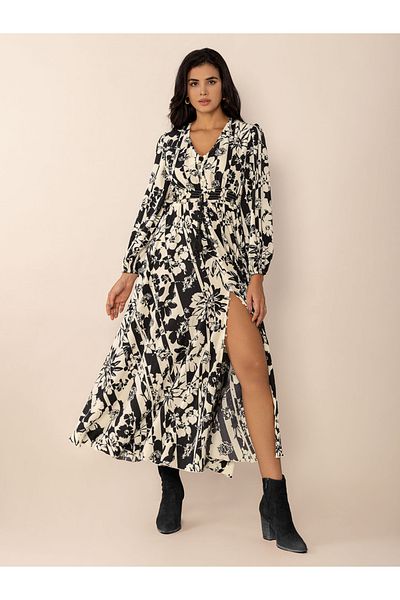 Russty Dustty By Styli Womens Allover Printed Drawstring Waist Long Sleeve Maxi Dress