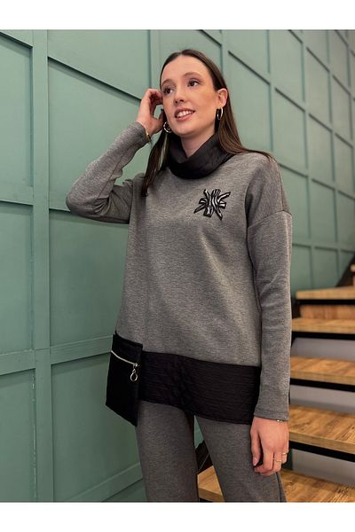 AYHAN Quilted Tracksuit Set with Front Pocket, Collar and Hem