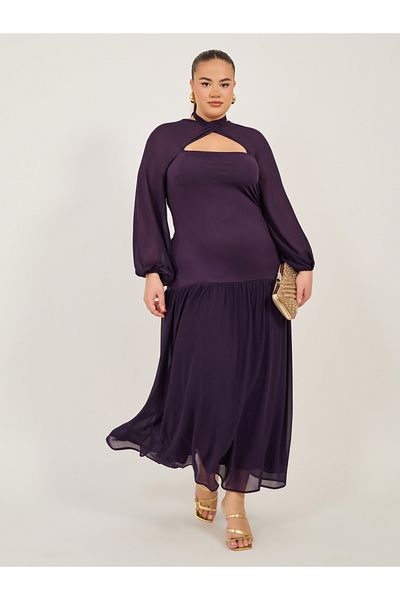 Styli Plus Size Purple Solid Cut Out A-Line Maxi Dress