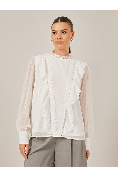 Styli Dobby Ruffled Balloon Sleeves Blouse with Lace Insert