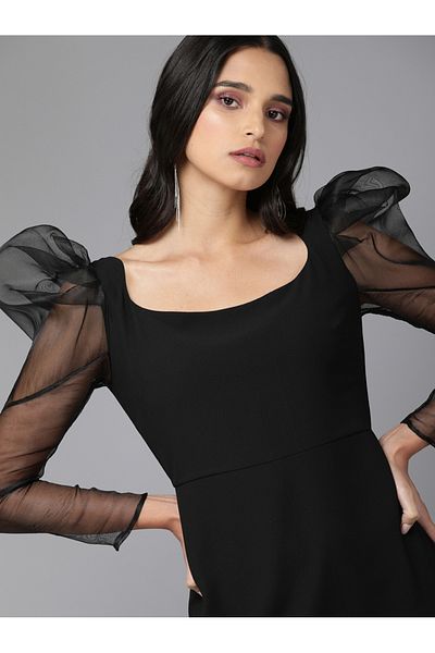 Mish By Styli Square Neck Puff Mesh Sleeve Knee-Length Dress