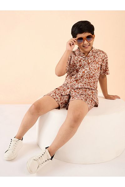 Stylo Bug By Styli Brown Rayon Printed Shirt & Shorts Set for Boys