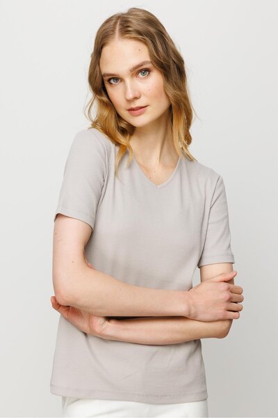 Desen Triko Γυναικείο T-shirt με λαιμόκοψη V-λαιμόκοψη Βαμβακερό T-shirt Stone