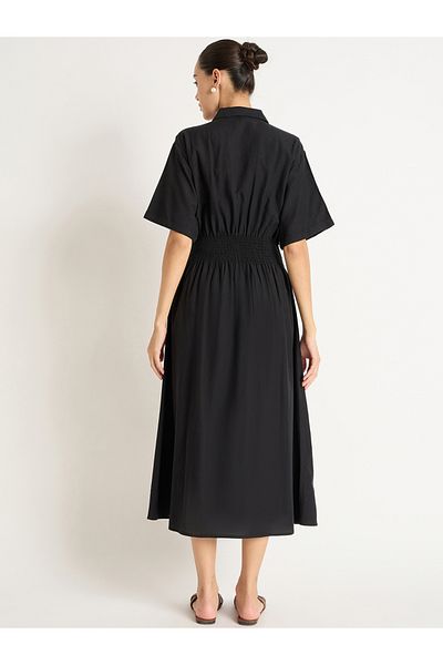Femmella By Styli Solid Cinched Waist Shirt Midi Dress